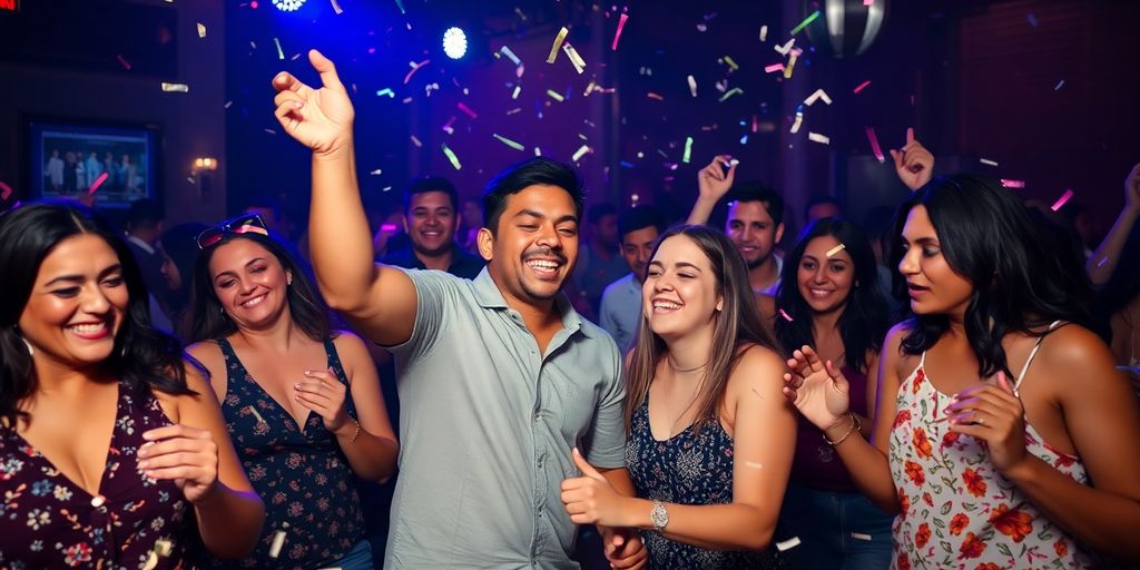 Diverse adults dancing, music, soft lighting.