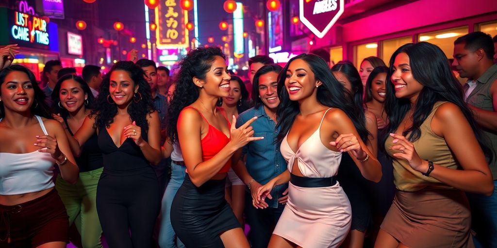 Diverse adults dancing, neon city lights, joyful expressions.