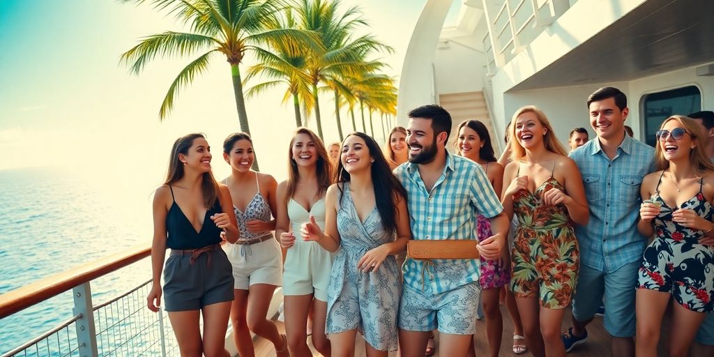Diverse adults dancing on a cruise ship deck.
