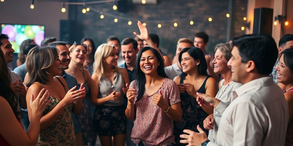 Diverse adults dancing, socializing at vibrant community gathering.