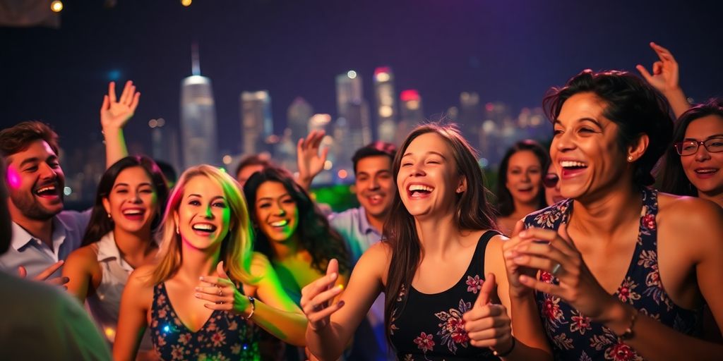 Diverse adults dancing, vibrant party, city lights background