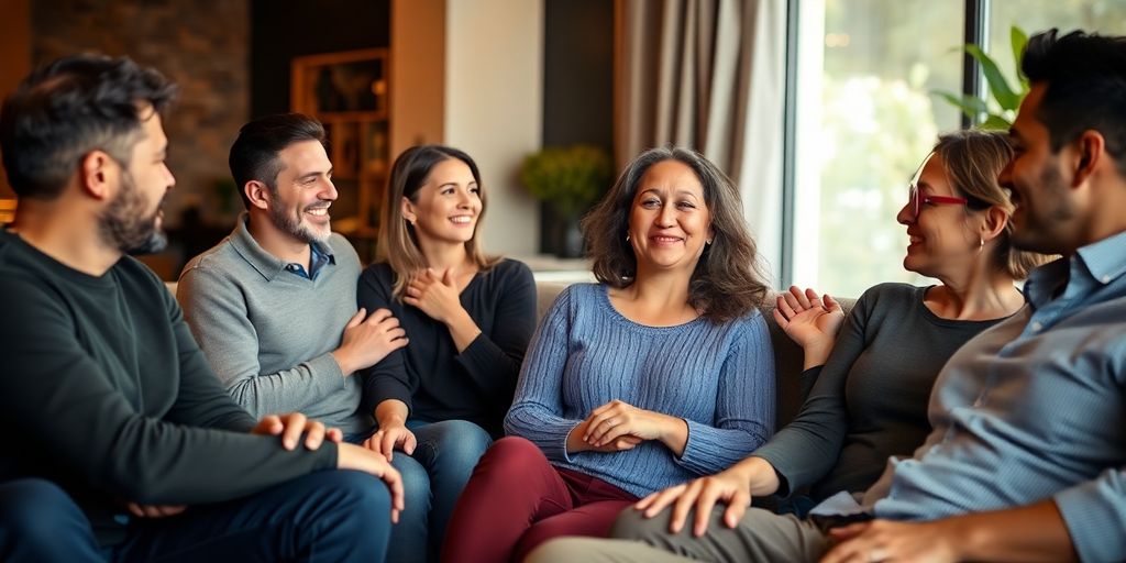 Diverse adults in a lounge, relaxed, intimate, and connected, showing fluidity.