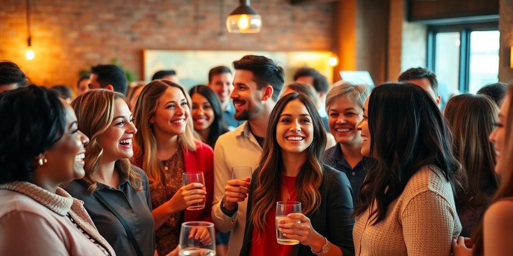 Diverse adults laughing, connecting, vibrant party.