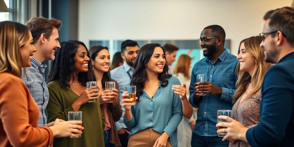 Diverse adults meet, smile, and connect in a social setting.