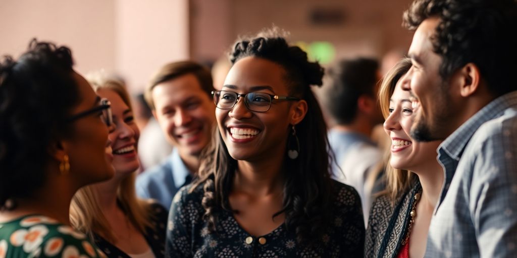 Diverse adults mingling at a lively gathering.