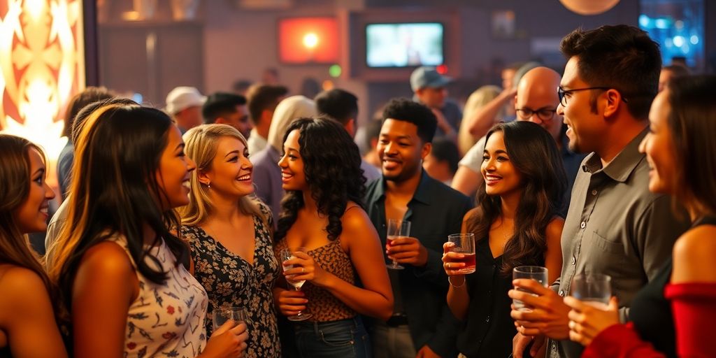 Diverse adults mingling at a lively social gathering.