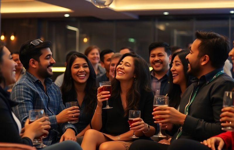 Diverse adults mingling at a lively social gathering.