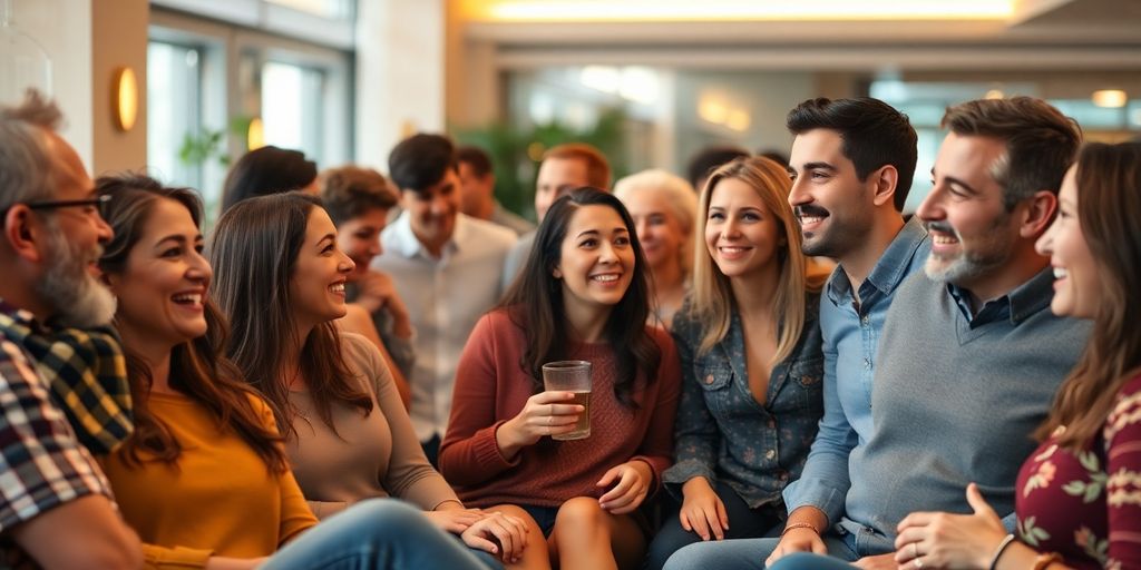 Diverse adults mingling in a warmly lit social lounge.