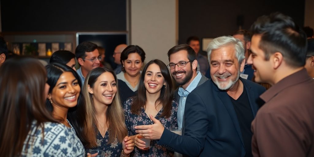 Diverse adults mingling, party atmosphere.