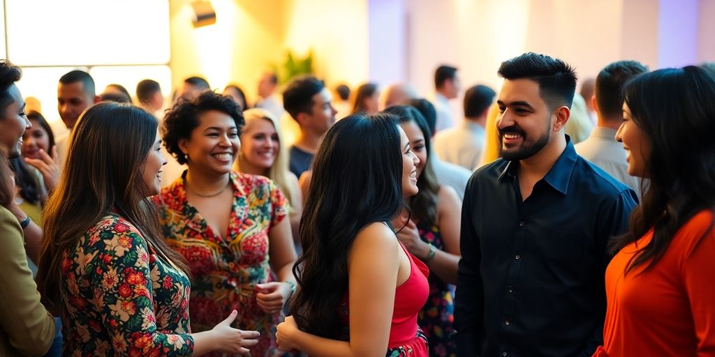 Diverse adults mingling, vibrant attire, warm lighting.
