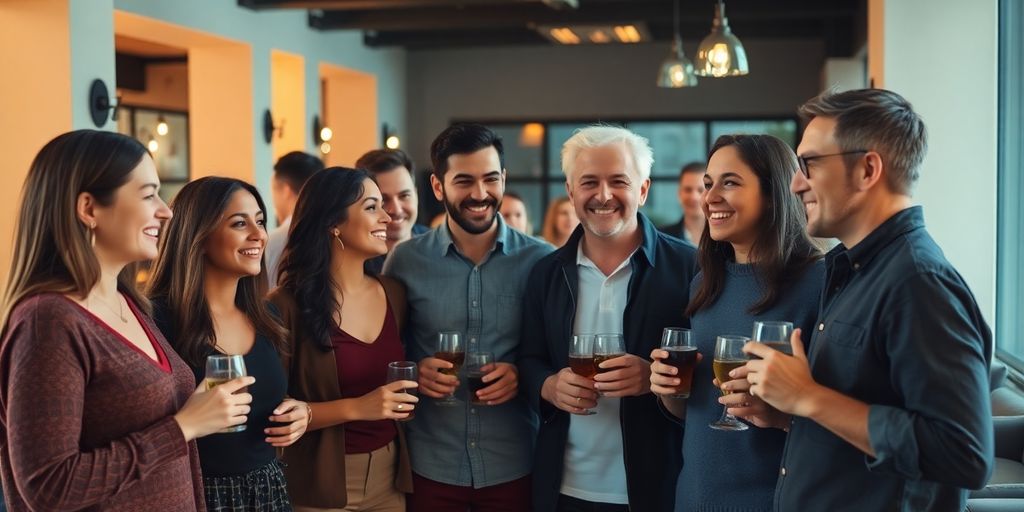 Diverse adults socializing happily in a modern lounge, communicating openly.