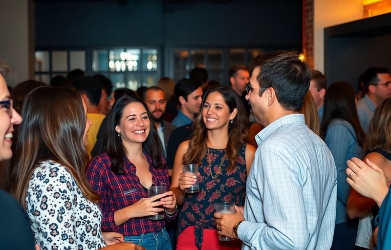 Diverse adults socializing, smiling, and connecting at a modern social event.