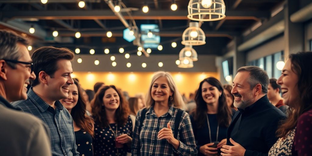 Diverse adults socializing, warm lighting, vibrant atmosphere.