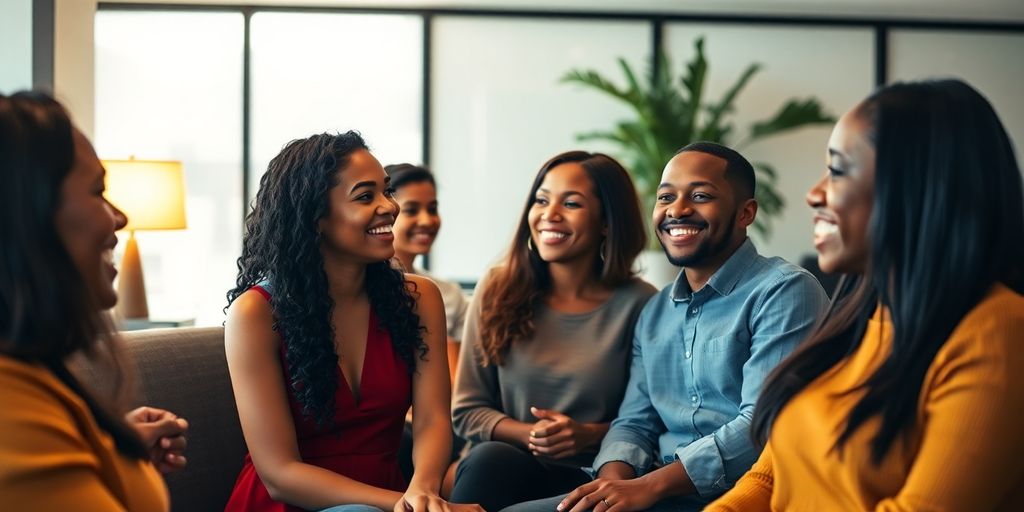 Diverse confident adults relaxing together in a modern, warmly lit lounge.