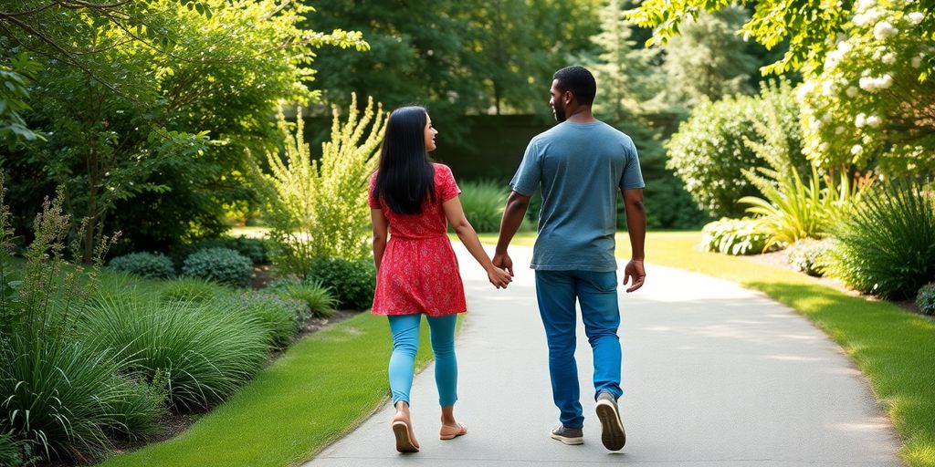 Diverse couple holds hands at calm garden path intersection.