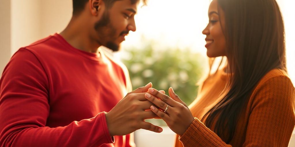 Diverse couple holds hands, eyes meet, rebuilding closeness.