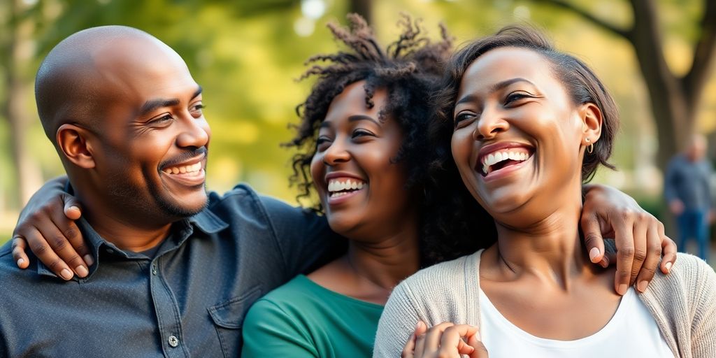 Diverse couple laughing, holding hands.