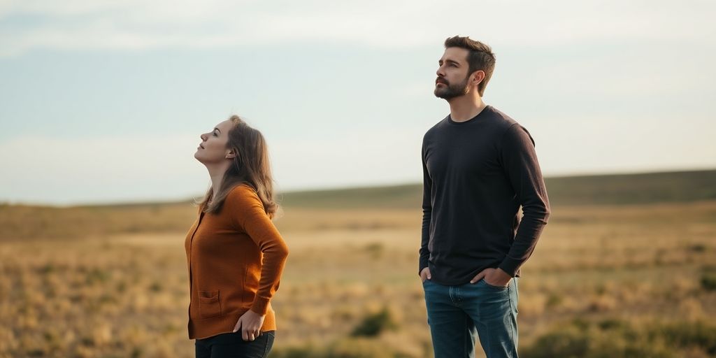 Diverse couple, one open, one reserved, looking at a shared horizon.