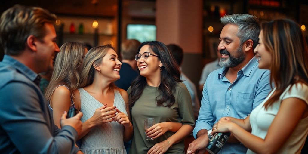 Diverse couples connecting in vibrant social settings.
