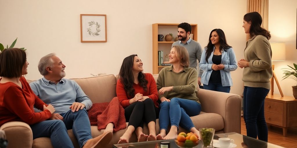 Diverse couples connecting, soft lighting, comfortable home setting.