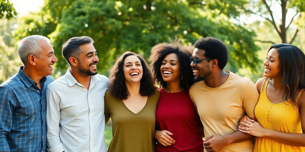 Diverse couples holding hands, smiling.