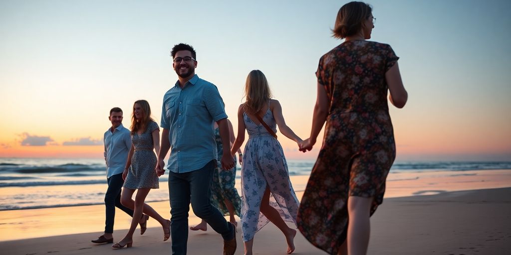 Diverse couples holding hands, walking into sunset.