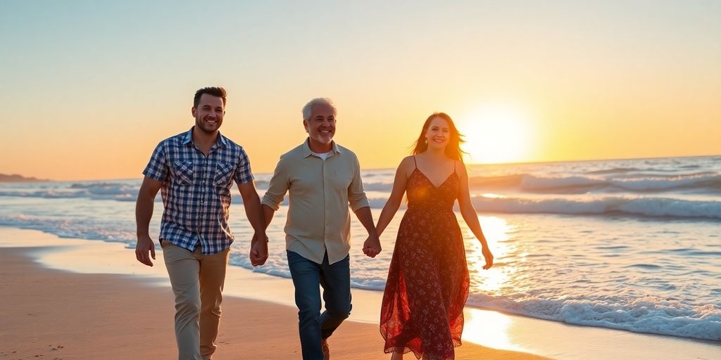 Diverse couples holding hands, walking on a beach.