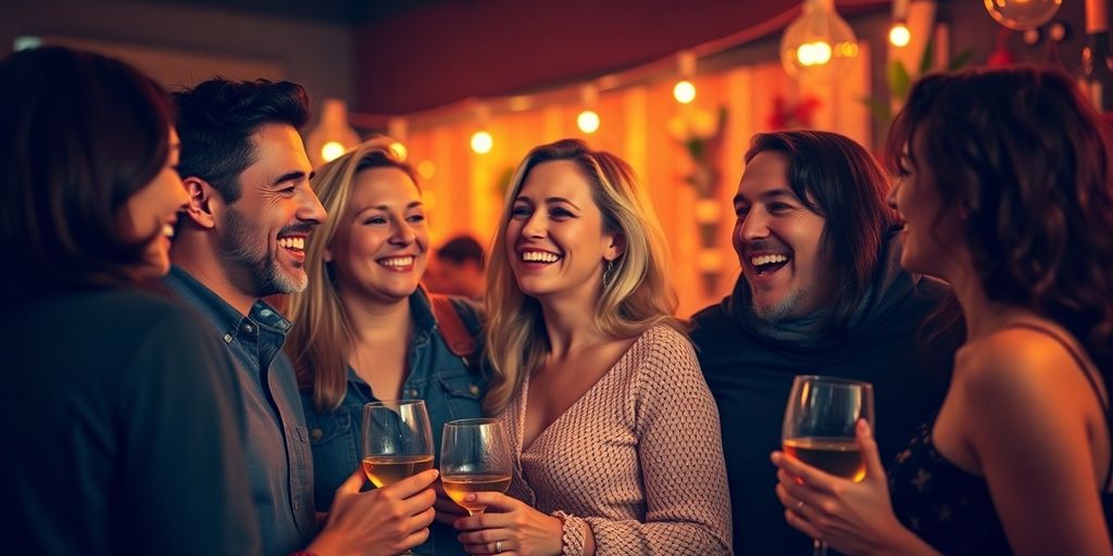 Diverse couples, joyful interaction, vibrant party atmosphere.