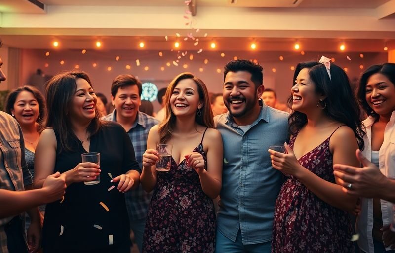 Diverse couples smiling, dancing, enjoying a vibrant party.