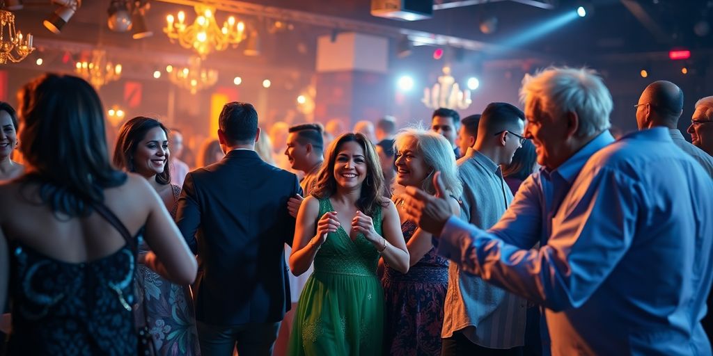 Diverse generations dancing in vibrant club