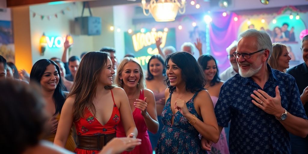 Diverse generations dancing together, lively Hispanic swinger party.