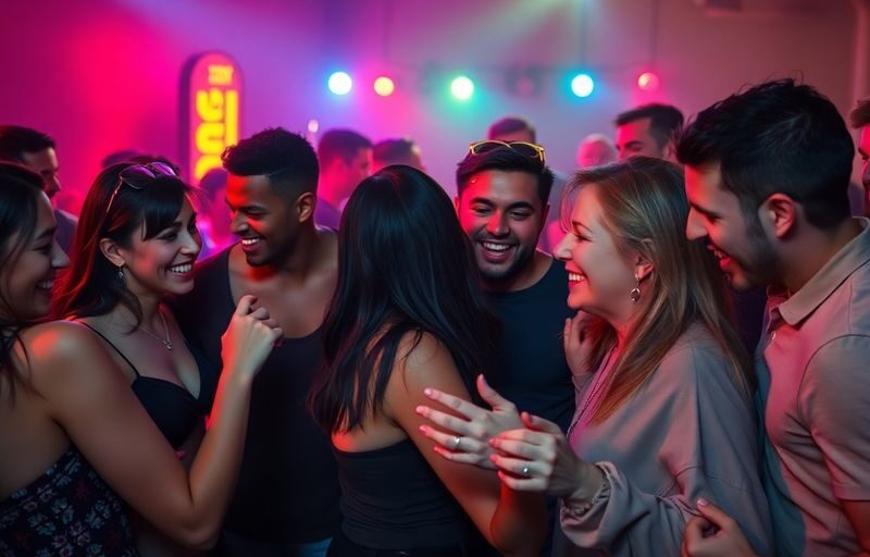 Diverse group dancing, dimly lit club.