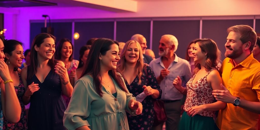 Diverse group dancing, laughing, and socializing.