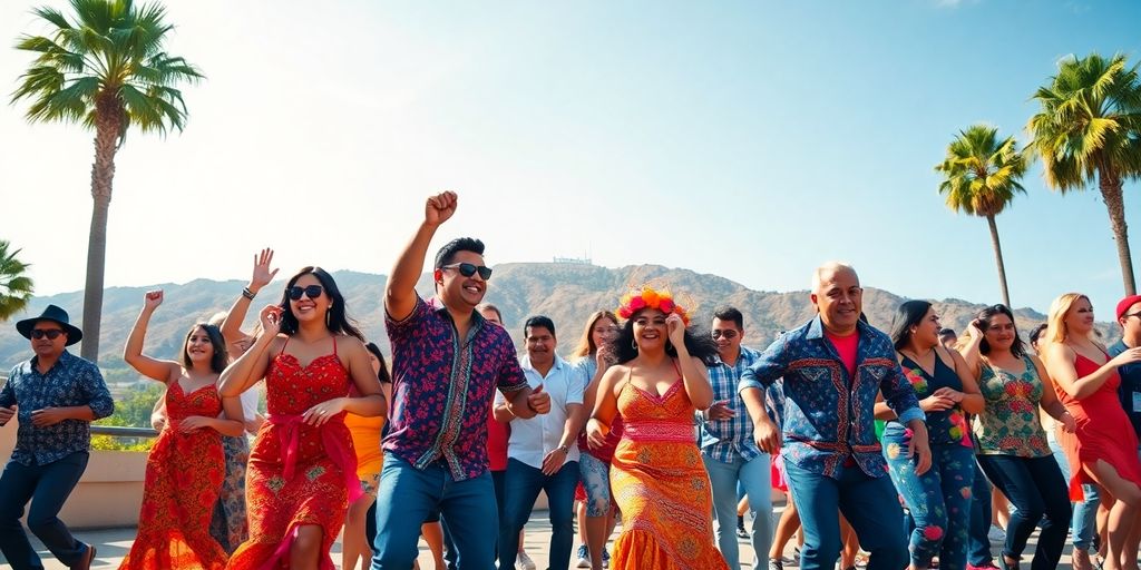 Diverse group dancing, vibrant colors, Hollywood Hills background.