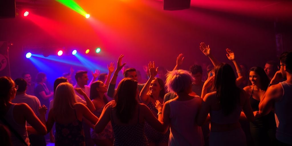 Diverse group dancing, vibrant lights.