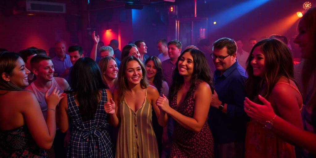 Diverse group dancing, vibrant lights, embracing.