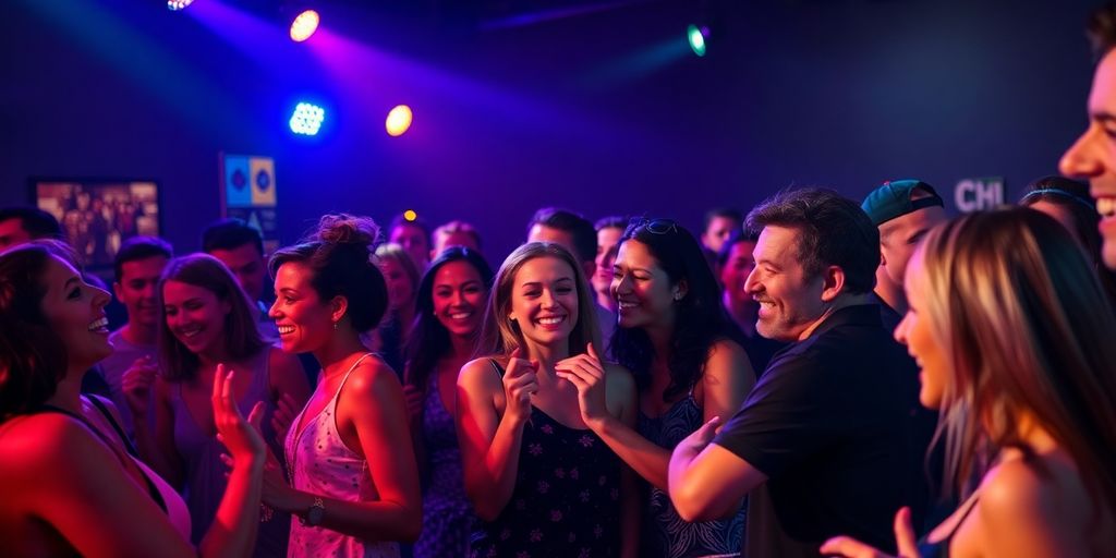 Diverse group dancing, vibrant lights, energetic atmosphere.