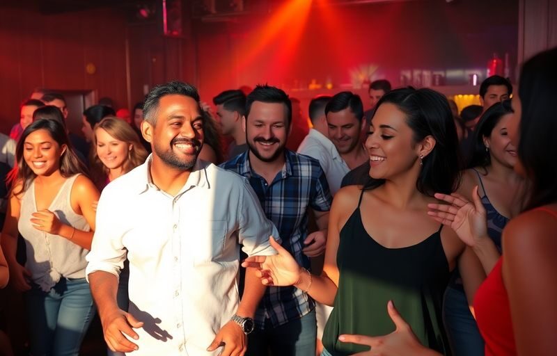 Diverse group dancing, vibrant lights, lively atmosphere.