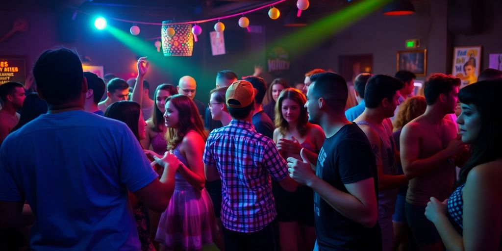 Diverse group dancing, vibrant lights, playful atmosphere.