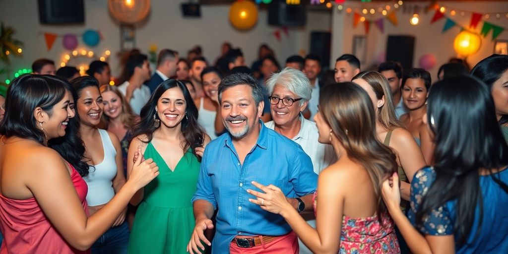Diverse group freely mingling at a vibrant, lively party.