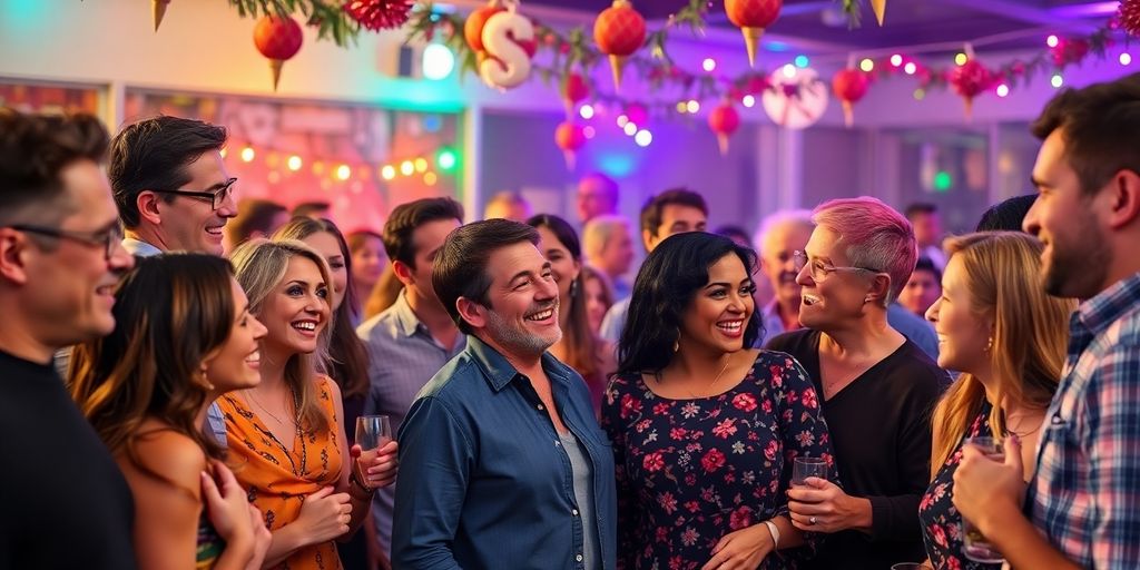 Diverse group interacting at a lively party.