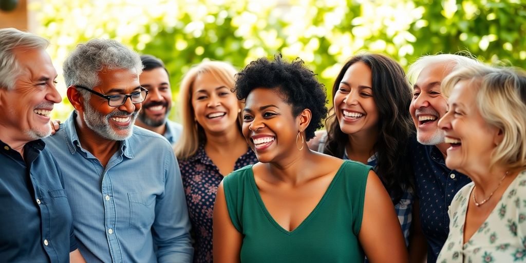 Diverse group laughing, arms around each other.