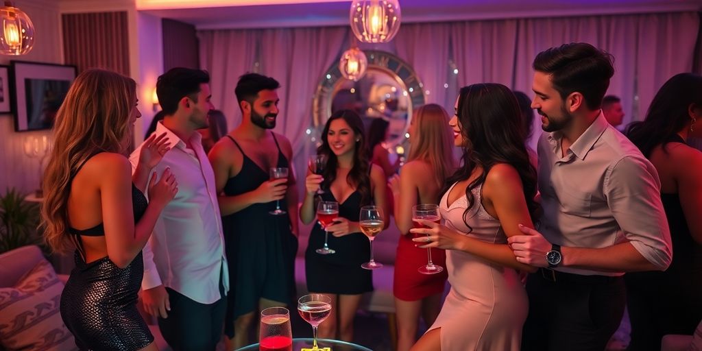 Diverse group of adults mingling playfully at a lively party.