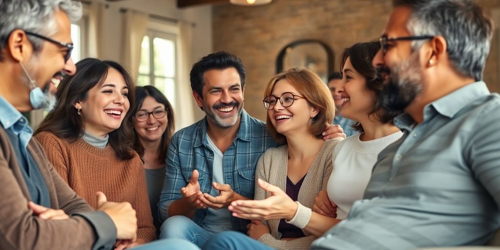 Diverse group of happy adults connecting in a vibrant setting.