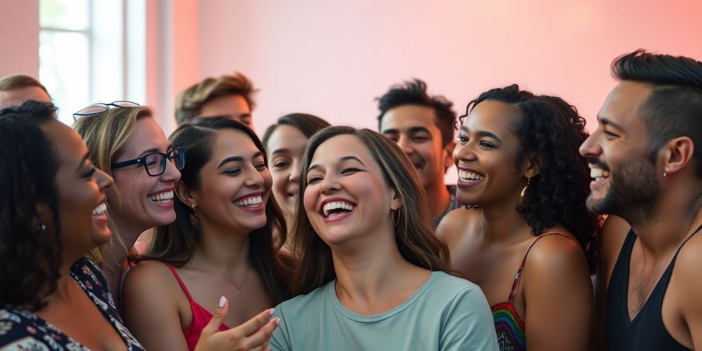 Diverse group of happy adults dancing and laughing together.