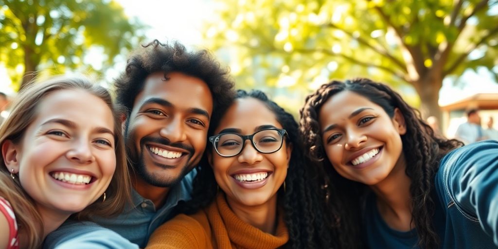 Diverse group smiling, embracing in a vibrant setting.