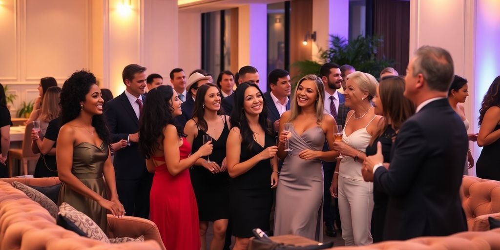Diverse group socializing at elegant lifestyle event.