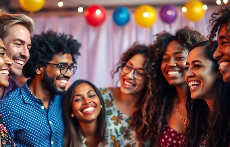 Diverse group, vibrant, celebrating, inclusive, smiling.