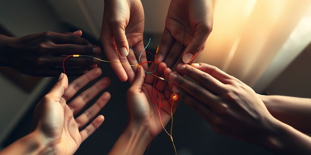 Diverse hands connecting with colorful strings and soft light.