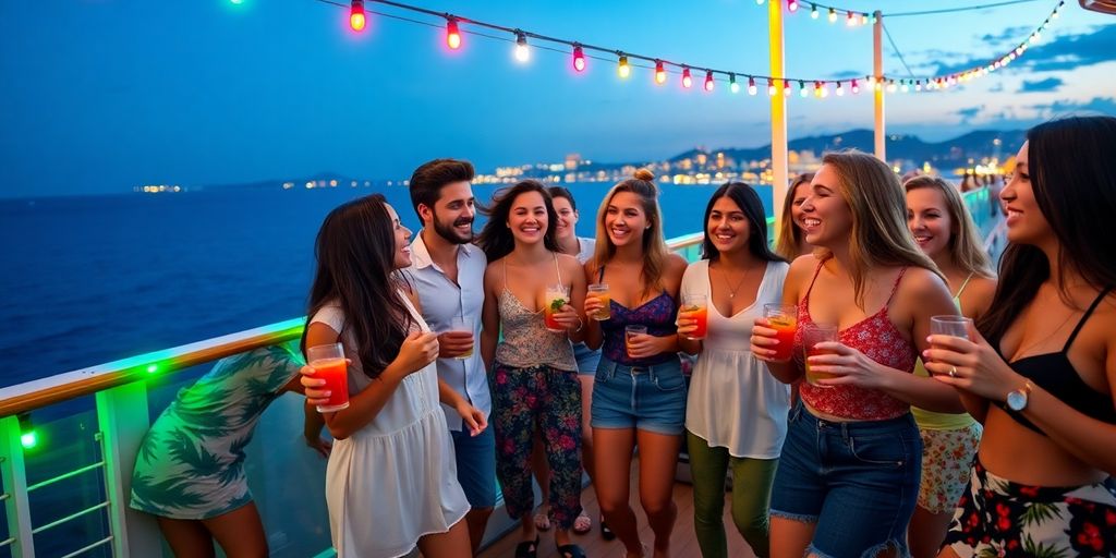 Diverse millennials enjoying a lively cruise deck party.